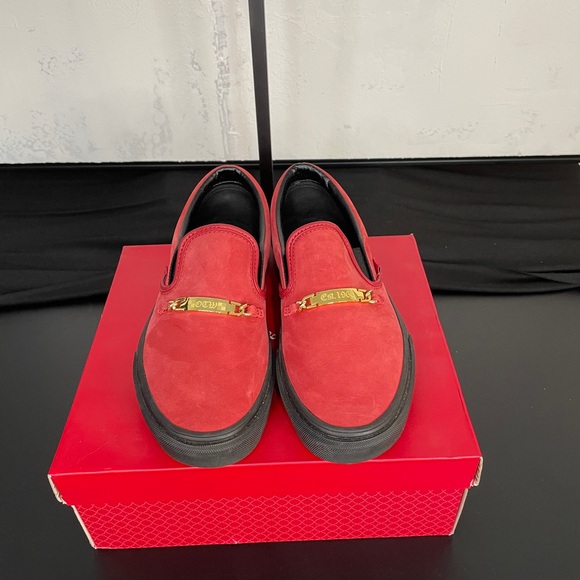 Vans Red Suede Chili Pepper Slip-Ons with Gold Accents